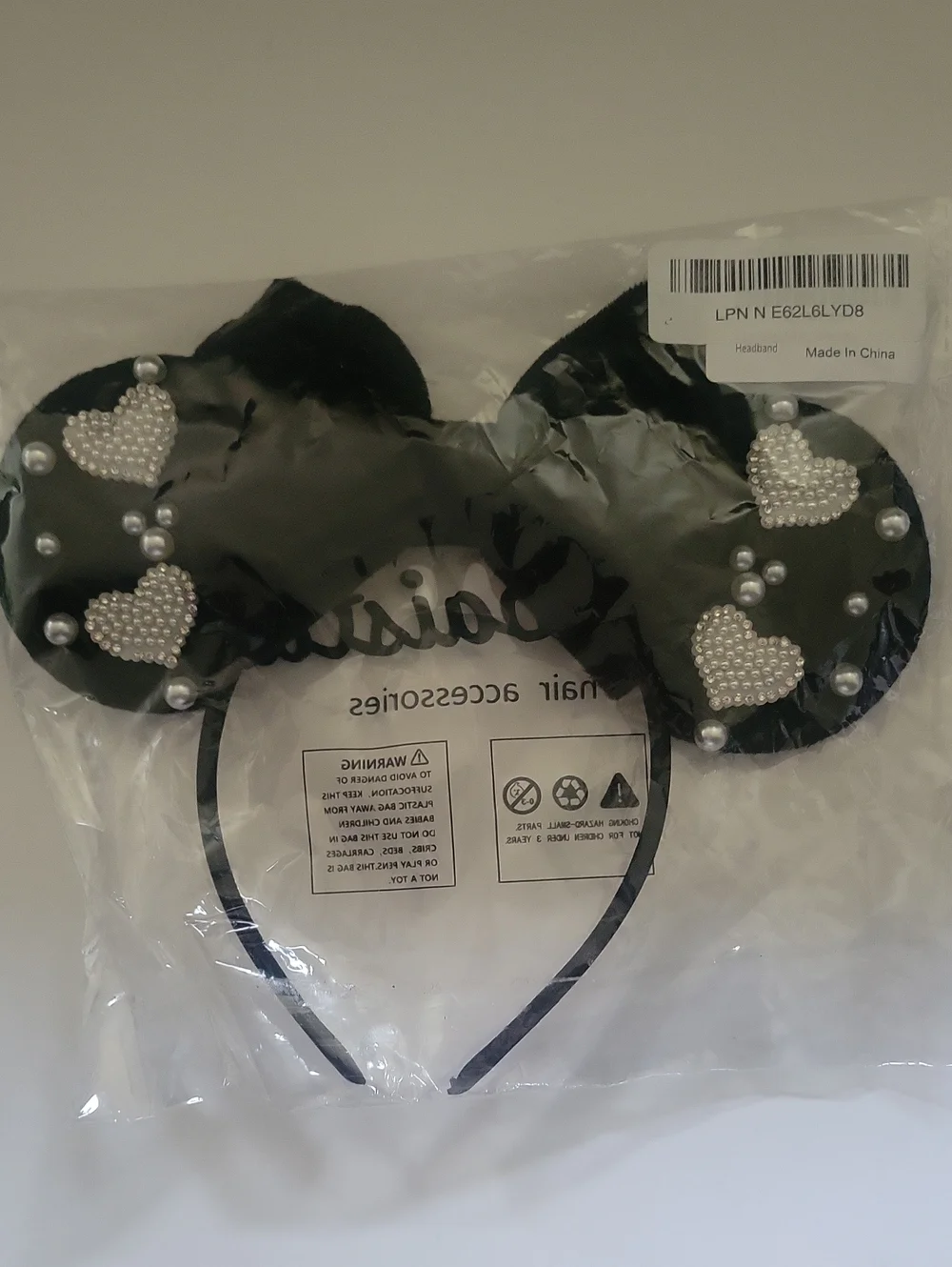 Black Pearl Heart Kids Headband with Bow
